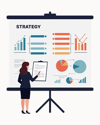 Woman standing in front of a presentation board filled with various charts and graphs.